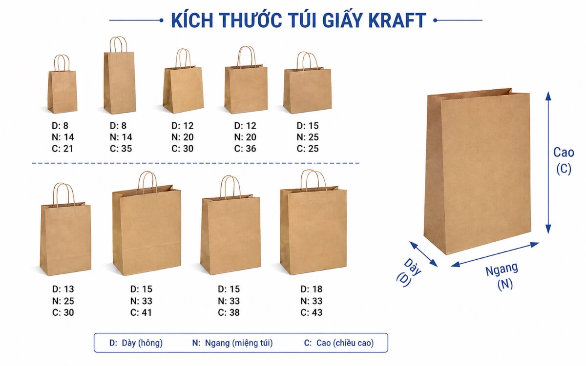 Kích thước túi giấy kraft thông dụng