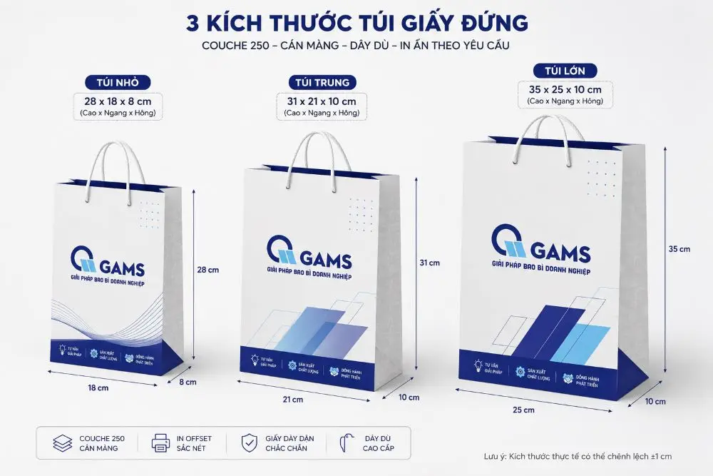 Kích thước túi giấy size nhỏ trung lớn