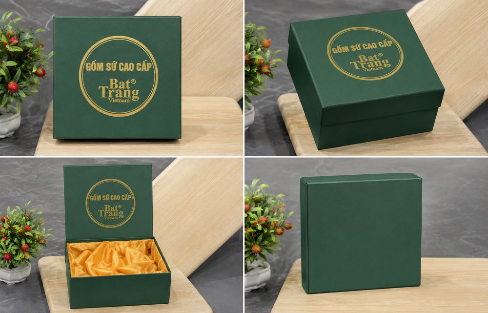 Mẫu hộp xi xanh rêu lót lụa vàng
