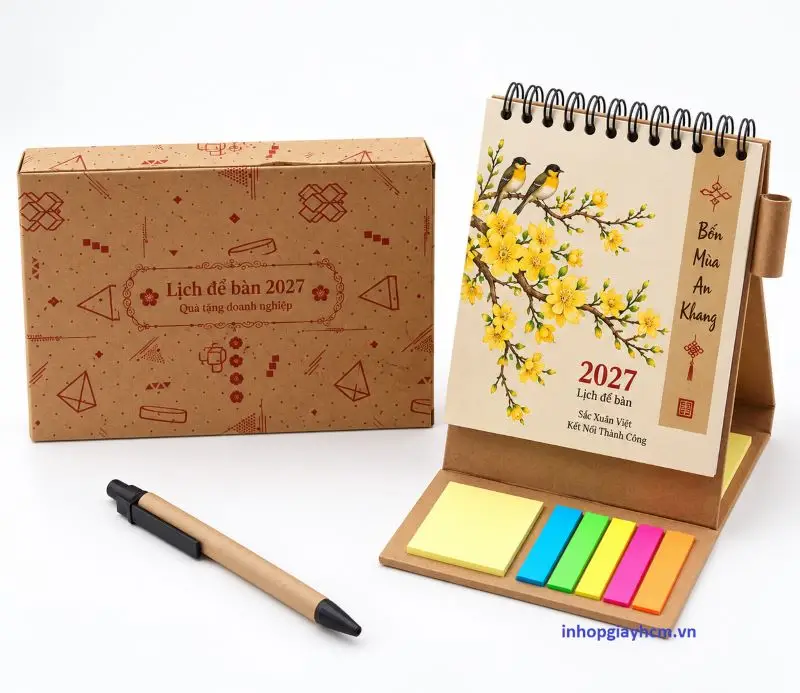 mẫu lịch bàn có note đẹp giấy kraft kèm bút và hộp