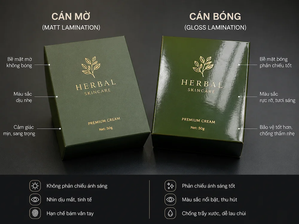 So sánh hộp cán màng bóng và cán màng mờ