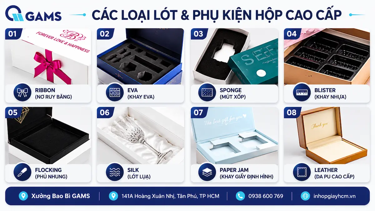 các loại lót và phụ kiện in hộp giấy cứng