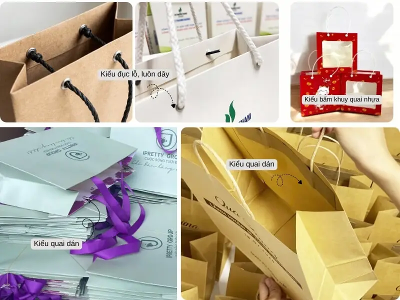 Kiểu quai dán và kiểu đục lỗ xỏ dây cho túi giấy